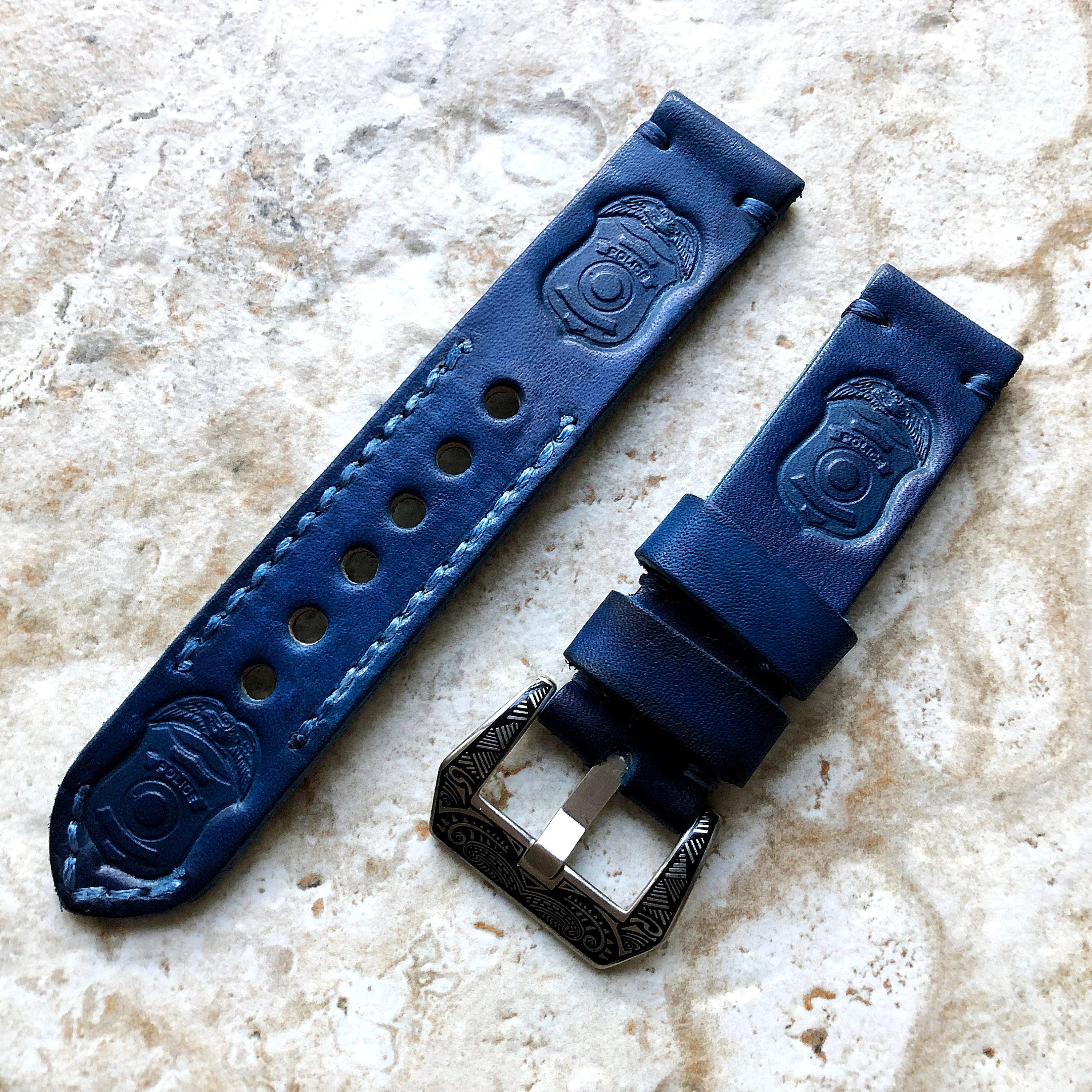 Police Badge Band 22mm 24mm 25mm Embossed Genuine Leather Compatible with Apple Watch Fitbit Versa 2 3 4 Sense 2 Ionic Handmade Strap